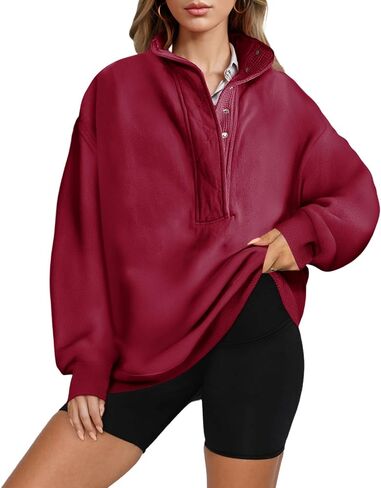 Womens Button Sweatshirt Fall Loose Fit Long Sleeve Sweatshirt Outdoor Athletic Solid Pullover Tops with Pockets in Saudi Arabia