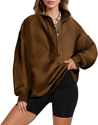 Womens Button Sweatshirt Fall Loose Fit Long Sleeve Sweatshirt Outdoor Athletic Solid Pullover Tops with Pockets in Saudi Arabia