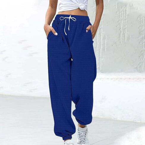 Sinzelimin Jogger Sweatpant for Women Trendy Solid Color Waffles Sport Pants Lace up Elastic Waist Baggy Casual Comfy Trouser in Saudi Arabia