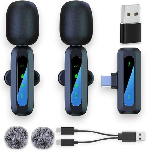 2-Pack Wireless Mini Lavalier Microphone for iPhone 15 & 16, Android, iPad, PC – Bluetooth Mics for Video Recording, TikTok, YouTube, Vlog – Noise Reduction, 65ft Range, 8H Battery Life in Saudi Arabia