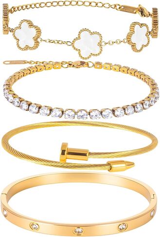18K Gold Plated Nail love Bangle Bracelet Set for Women Stackable Gold Clover Adjustable tennis bracelet Trendy Gift Jewelry for Anniversary in Saudi Arabia