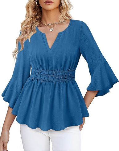 Womens Dressy Casual Peplum Tops Ruffle 3/4 Sleeve Henley V Neck Chiffon Blouses in Kuwait
