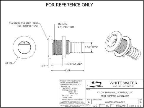 المياه البيضاء - البحرية 316 من النايلون الفولاذ المقاوم للصدأ من خلال بدن Scupper | 1-1/2 "خرطوم ، 2-1/4" قطع | للقارب ، اليخت ، السباكة - 6656N -SCP in Kuwait