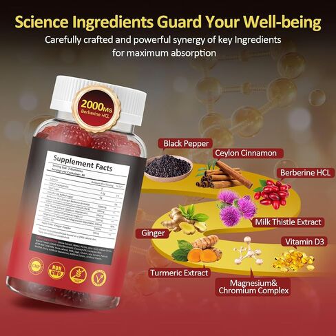 2000mg berberine Gummies ، مع الكركم القرفة Ceylon ، المغنيسيوم ، الكروم -السقراء خالي in Saudi Arabia