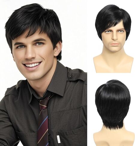 Grey Men's Wig,Short Silver Gray Wig Synthetic Side Part Heat Resistant Natural Halloween Cosplay Hair Straight Wig for Male in Saudi Arabia