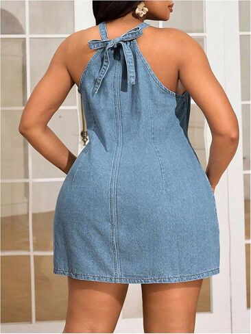 SOLY HUX Women's Plus Size Denim Halter Dress Tie Back Sleeveless Mini Summer Dresses in Kuwait