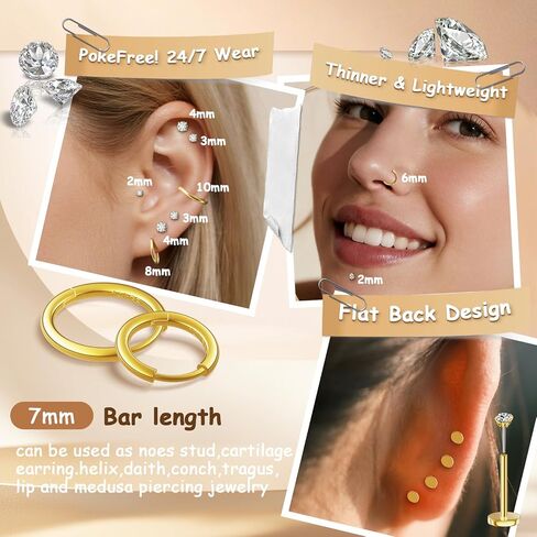 18G Nose Rings Threadless Nose Studs for Women Men 316L Surgical Steel Labret Studs Lip Rings Push in Flat Back Stud Earrings CZ Nose Nostril Tragus Helix Piercing Jewelry Hypoallergenic in Saudi Arabia