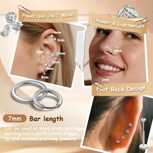 18G Nose Rings Threadless Nose Studs for Women Men 316L Surgical Steel Labret Studs Lip Rings Push in Flat Back Stud Earrings CZ Nose Nostril Tragus Helix Piercing Jewelry Hypoallergenic in Saudi Arabia