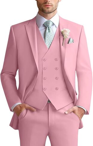 Mens Suit Slim Fit 3 Piece Double Breasted Vest Suit Blazer Vest and Pants in Kuwait