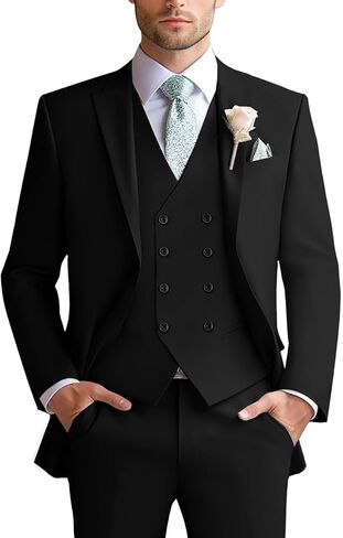 Mens Suit Slim Fit 3 Piece Double Breasted Vest Suit Blazer Vest and Pants in Kuwait