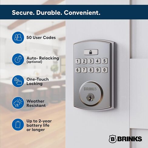 BRINKS Keyless Entry Door Deadbolt, High-Security Keypad Door Lock, 50 User Codes, Auto Locking Feature (Deadbolt & Passage Lever, Satin Nickel) in Saudi Arabia