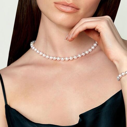 The Pearl Source White Akoya Japanese Pearl Necklace for Women - 14k Gold Pearl Strand Necklace | 18in Long Pearl with Genuine Cultured Pearls, 6.5-7.0mm in Saudi Arabia