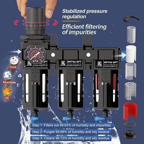 1/4'' NPT 3 Stage Filter and Regulator with Pressure Gauge, Air Drying System, 5, 0.5, 0.01 Micron Brass Filter Cartridge, Air Compressor Water Separator-Black in Saudi Arabia