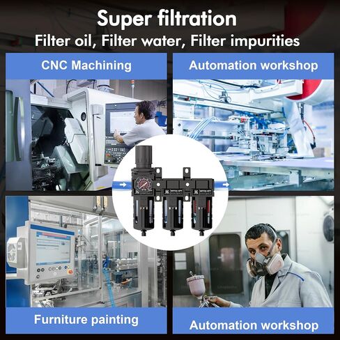 1/4'' NPT 3 Stage Filter and Regulator with Pressure Gauge, Air Drying System, 5, 0.5, 0.01 Micron Brass Filter Cartridge, Air Compressor Water Separator-Black in Saudi Arabia