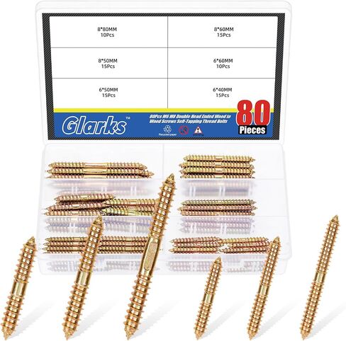 Glarks 80pcs Double Head Ended Wood Dowel Screws, M6 x 40/50/60MM, M8 x 50/60/80MM Double End Furniture Screw, Double Ended Self-Tapping Screw, Woodworking Dowel Screws for Connecting Wood in Saudi Arabia