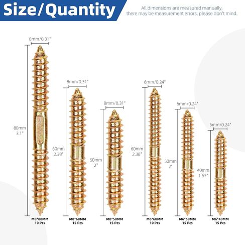 Glarks 80pcs Double Head Ended Wood Dowel Screws, M6 x 40/50/60MM, M8 x 50/60/80MM Double End Furniture Screw, Double Ended Self-Tapping Screw, Woodworking Dowel Screws for Connecting Wood in Saudi Arabia