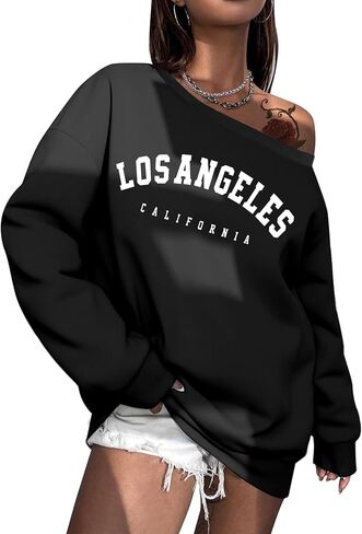 SOFIA'S CHOICE Women's Off Shoulder Sweatshirt Letter Graphic Oversized Long Sleeve Shirt Pullover in Kuwait