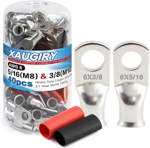 20Pcs Battery Cable Lugs Kit(6 AWG-5/16+6 AWG-3/8) Heavy Duty Tinned Copper Wire Ring,Copper Terminals Connector Ends Lugs with 20Pcs 3:1 Heat Shrink Tubing in Kuwait