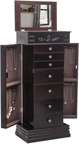Karl home Large standing Jewelry Armoire Cabinet with 7 Drawers & 2 Swing Doors 24 Hooks, Large Wood Jewelry Cabinet Organizers with Top Flip Mirror, Blck in Kuwait