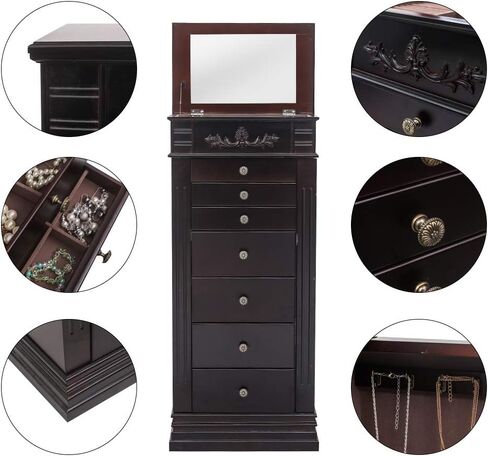 Karl home Large standing Jewelry Armoire Cabinet with 7 Drawers & 2 Swing Doors 24 Hooks, Large Wood Jewelry Cabinet Organizers with Top Flip Mirror, Blck in Kuwait