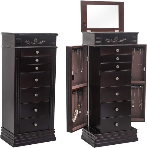 Karl home Large standing Jewelry Armoire Cabinet with 7 Drawers & 2 Swing Doors 24 Hooks, Large Wood Jewelry Cabinet Organizers with Top Flip Mirror, Blck in Kuwait
