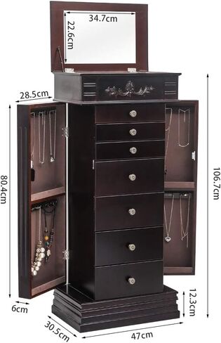 Karl home Large standing Jewelry Armoire Cabinet with 7 Drawers & 2 Swing Doors 24 Hooks, Large Wood Jewelry Cabinet Organizers with Top Flip Mirror, Blck in Kuwait