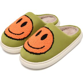 Giom【New Version Soft Pu Leather Smile Face Slippers for Women, Retro Happy Face Slippers Big Size, Cozy Warm House Slippers, Slip-On Couple Bedroom Slides, Winter Indoor Outdoor Slippers