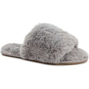 LONDON FOG Womens Slippers, Faux Fur Indoor Outdoor Slippers, Open Toe Fuzzy House Slippers for Women