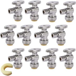 Push Fit 1/4 Turn Angle Stop Valve,1/2 Push X 3/8 Inch Compression Water Shut Off Valves with Disconnect Clip, for PEX, Copper, CPVC(2Pack)