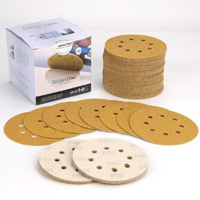 5-Inch 8-Hole Hook and Loop Sanding Discs, 220 Grit Gold Sanding Disc, Random Orbital Sandpaper for Automotive and Woodworking, 100-Pack