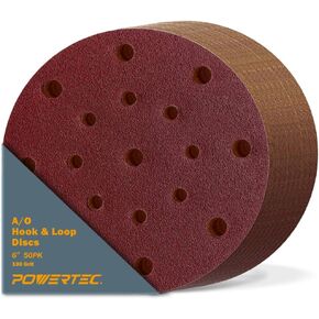 POWERTEC 45810, 6" x17 Holes, 100 Grit, A/O Hook and Loop Disc for Festool RO150 / ETS 150 Sander, Red, 50PK