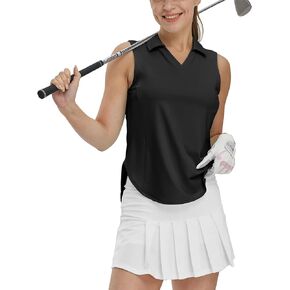 Women's V-Neck Collared Golf Tennis Shirts Sleeveless UPF 50+ Quick Dry Polo Shirts Tops Split Hem