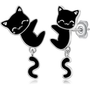 Black Cat Earrings for Girls 925 Sterling Silver Black Cat Stud Earrings Cute Animal Black Cat Earrings Jewelry Gift for Women Girls