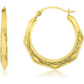 14K Yellow Gold 2x15mm-22mm Lightweight Diamond Cut and Textured Emerald Cut Hoop Earrings