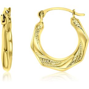 14K Yellow Gold 2x15mm-22mm Lightweight Diamond Cut and Textured Emerald Cut Hoop Earrings