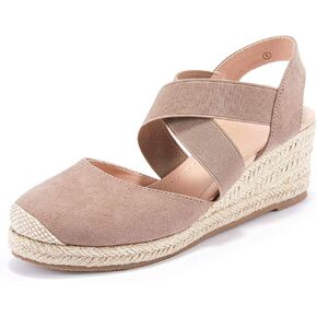 Syktkmx Womens Espadrille Platform Elastic Strappy Closed Toe Wedge Criss Cross Mid Heel Sandals