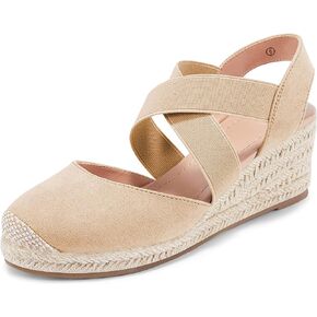 Syktkmx Womens Espadrille Platform Elastic Strappy Closed Toe Wedge Criss Cross Mid Heel Sandals