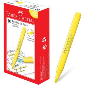 Faber-Castell Textliner 38 Pastel Highlighter Pen(Box of 10, Lemon) -2 Line Widths for broad and fine marking, Unique Soft Pastel Colors, Clipped Holder, Great Marking Performance For Adults & Kids