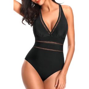 Tempt Me Women Sexy Halter One Piece Swimsuits Mesh Hollow Out Tummy Control Monokini V Neck Bathing Suit
