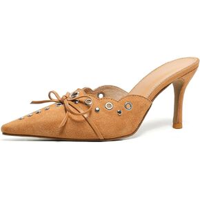 Kitten Heels for Women Pointed Toe Bow Mules Silp On Studded Heel Sandals