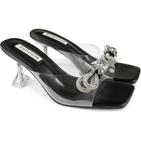 صنادل Zzheels سهلة الارتداء بكعب مكتنز شفاف للنساء بكعب منخفض وأحذية مربعة عند الأصابع للفستان in Kuwait