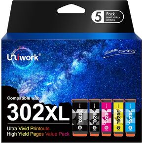 Uniwork Remanufactured 302XL Ink Cartridge Replacement for Epson 302XL Printer Ink Cartridges 302XL 302 XL T302XL T302 to use with Expression Premium XP-6000 XP6000 XP-6100 (PBK/BK/C/M/Y, 5 Pack)