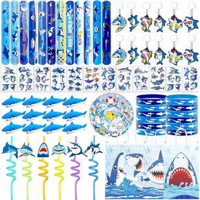 134 Pcs Shark Party Favors with Shark Straws Shark Bracelets Wristbands Tattoo Stickers Erasers Keychains Goodie Bags Under the Sea Party Favors Shark Birthday Party Decorations