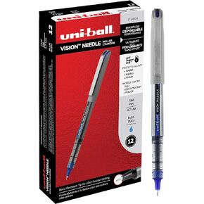 uniball Vision Needle Roller Ball Pen, Stick, Fine 0.7 Mm, Black Ink, Silver Barrel, Dozen