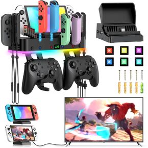 RGB Switch TV Docking Station & Wall Mount for Nintendo Switch/OLED & Joycon, Controller Charging Dock Base with 15 Light Mode & 4 USB Port, Switch Organizer for 10 Card Slots, 2 Hooks, 4 Wrist Strap