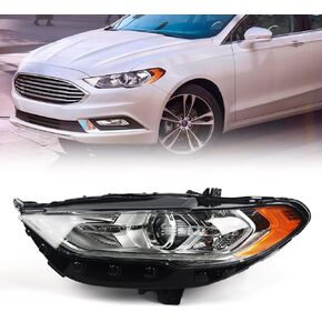 FIONE for Ford Fusion Headlight Assembly 2017 2018 2019 2020 Halogen Projector Headlamp Replacement Chrome Housing Front Lamp Left Driver Side LH HS7Z13008H