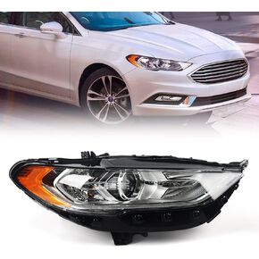 FIONE for Ford Fusion Headlight Assembly 2017 2018 2019 2020 Halogen Projector Headlamp Replacement Chrome Housing Front Lamp Left Driver Side LH HS7Z13008H