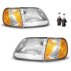 Headlights Assembly For 1997-2003 F150 / 1997-2002 Ford Expedition / 1998-1999 F250 Selected Models, Replacement Headlamp+Corner Parking Turn Signal Marker Light with 9007 Bulbs