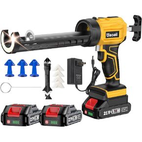 Cordless Caulking Gun w/ 2 Batteries, Uaoaii Electric Caulking Gun Battery Operated w/ 4 Adjustable Speeds, LED Light, Drip-Free Adhesive Caulk Gun 3 in 1 Caulking Tool for Filling, Sealing