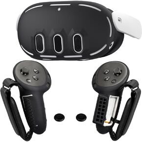 Controller Grips Cover VR Headset Shell Silicone Case Compatible with Meta/Oculus Quest 3 Accessories, Battery Opening Controller Grips Front Shell Headset Cover Skin Protector (Black)